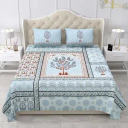 BELLA CASA Gulmohar Blue & Brown Cotton 450 TC King Bedsheet with 2 Pillow Covers-image-11