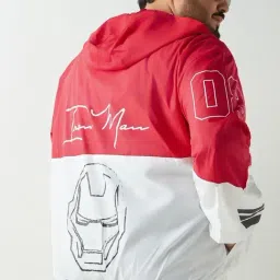 Bewakoof Men's White & Red Graphic Printed Oversized Plus Size Windcheater Jacket image 2