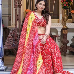 ELVISH JAIPUR Women Red And Yellow Bandhani Design Lehenga Choli image 5