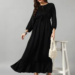 Raiyani Enterprise Women Tiered Solid Tie-Up Neck Casual Dress-image-99