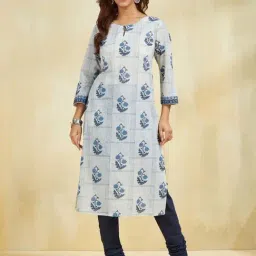 Fabindia Blue Cotton Regular Fit Floral Print Kurta-picture-43