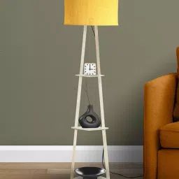 Sanded Edge Wood, Metal Yellow 3 Volga 3 Shelf Floor Lamp in Solid and Natural Wood Colo image 2