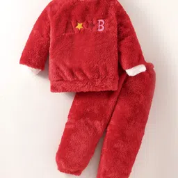 Kookie Kids Fur Woven Full Raglan Sleeves Winter Night Suit with Text Patch Detailing - Red-picture-10