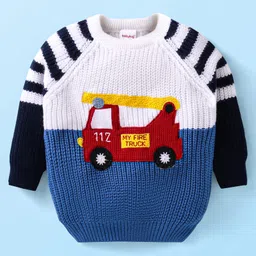 Babyhug Knitted Full Raglan Sleeves Striped & Fire Truck Designed Pullover Sweater- White Blue & Navy-picture-21