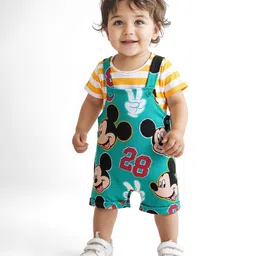 Babyhug Disney Single Jersey Knit Dungaree & Half Sleeves Striped T-Shirt With Mickey Mouse Graphics - Turquoise & Yellow-picture-16