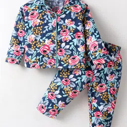 Doreme Cotton Knit Full Sleeves Co-ords Night Suit with Floral Print - Blue-picture-18