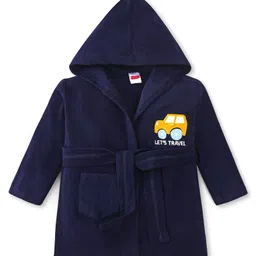 Babyhug Velour Knit Full Sleeves Bath Robe With Let's Travel Print - Navy Blue-picture-10