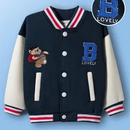Mark & Mia Fleece Knit Full Sleeves Oversized Bomber Jacket With Teddy Bear & Text Embroidery - Navy Blue-picture-22
