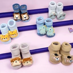 Yellow Bee Cotton Knit Pack Of 6 Animal 3D Applique Detailed Socks - Multi Colour-picture-25
