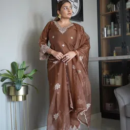 LIVIX Women Ethnic Motifs Embroidered Regular Thread Work Chanderi Cotton Kurta with Trousers & With Dupatta-picture-29