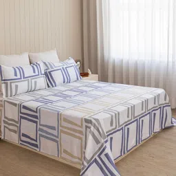 HOMEMONDE White & Blue Printed Cotton 210 TC Queen Bedsheet Set 2.28m x 2.13m image 4