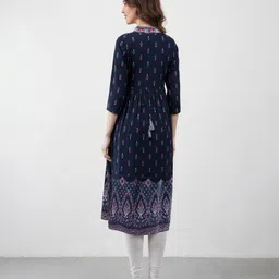 Bella Mama Woven Three Fourth Sleeves with Highlighted Neck Band Abstract Printed Maternity Kurta - Navy Blue image 4