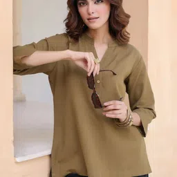 Rain & Rainbow Women Mandarin Collar Cotton Regular Top image 2