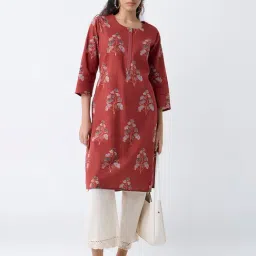 Utsa by Westside Dark Rust Botanical Printed Cotton Straight Kurta-image-29
