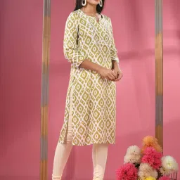 CHARUKRITI Yellow & White Cotton Printed Straight Kurta image 3