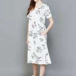 Colour Me by Melange Off-White Cotton Floral Print A-Line Dress image 3