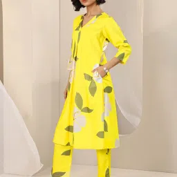 Libas Yellow Floral Printed Front Pleat Kurta With Floral Printed Trouser Co-ord Set image 3