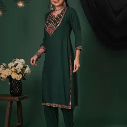 Globus Women Teal Sequinned Embroidered Yoke Calf Length Straight Kurta & Pants Ethnic Set image 3