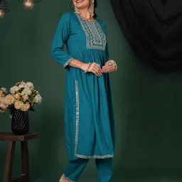 Globus Women Teal Zari & Sequinned Yoke Gathered A-Line Kurta With Straight Pants Festive Set image 3