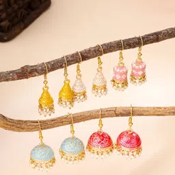 Qiroko Set Of 5 Pearls Beaded Dome Shaped Meenakari Jhumkas-picture-18