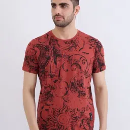 Spykar Brick Red Cotton Regular Fit Abstract Print T-Shirt-picture-37