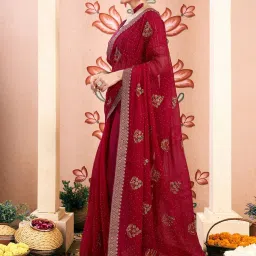Satrani Red Georgette Embroidered Saree With Unstitched Blouse image 3