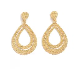OOMPH Gold Tone Textured Double Layer TearDrop Large Party Wear Dangler Earrings image 3