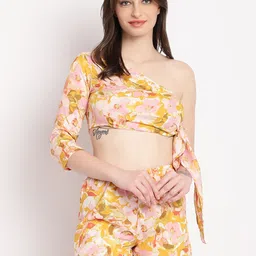 EROTISSCH Yellow Floral Printed One Shoulder Crop Top With Shorts-image-41