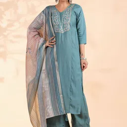 vbuyz KALINI Ethnic Motifs Embroidered Kurta with Palazzos & Dupatta image 1