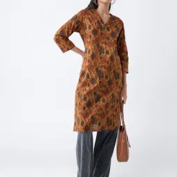 Utsa by Westside Mustard Printed Cotton Straight Kurta-picture-26
