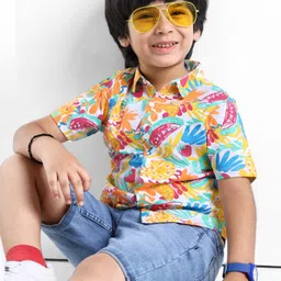 Babyhug Cotton Knitted Half Sleeves  Regular Collar Shirt Fruits Printed  - Blue & Yellow-picture-19