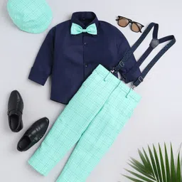Jeet Ethnics Full Sleeves Solid Shirt With Checked Pant Bow Cap & Suspender Set - Sea Green-picture-10