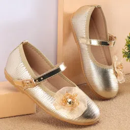Cute Walk By Babyhug Ballerinas With Buckle Closure & Floral Applique - Golden-picture-12