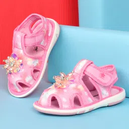 Cute Walk by Babyhug Velcro Closure Musical Sandal with Stone Floral Applique - Pink-picture-33