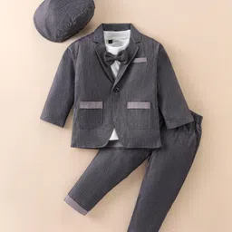 Robo Fry Lycra Knit Solid Colour Full Sleeves BlazerT-Shirt & Trouser Set with Attached Bow & Hat - Grey-picture-36