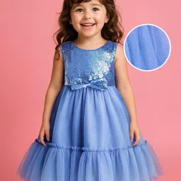 Babyhug Woven Sleeveless Sequined Yoke Mesh Tiered Party Frock with Bow Applique - Blue-picture-13