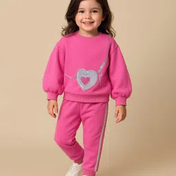 Babyhug Terry Knit Full Sleeves Heart Patch Top with Taped Joggers - Pink-picture-16