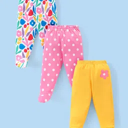 Babyhug  Cotton Knit Bootie Leggings with Floral Print Pack of 3 - Pink Yellow & White-image-40