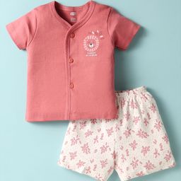 Zero Interlock Knit Front Open Half Sleeves Shorts Night Suit With Animal & Tropical Print - Pink & White-picture-42