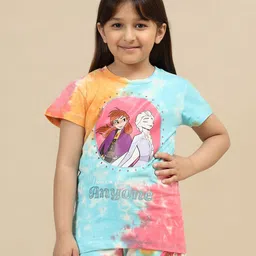 Kidsville Cotton Disney Frozen Featuring Half Sleeves Elsa & Anna Printed Tee - Blue Pink & Orange-picture-11