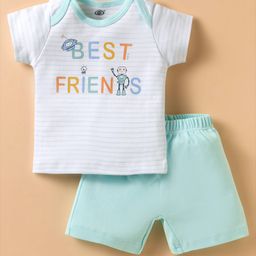 Zero Sinker Knit Half Sleeves Striped T-Shirt & Shorts Set With Best Friends Print - Aqua Blue-picture-6