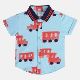 MINI KLUB Cotton Half Sleeves Vehicles Printed Shirt - Blue-image-99