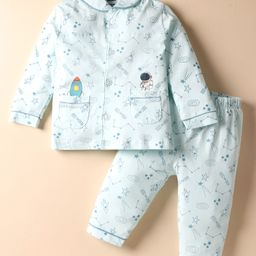 CUCUMBER Sinker Knit Full Sleeves Space Theme Printed Front Open Co-Ords Night Suit - Light Blue-picture-11
