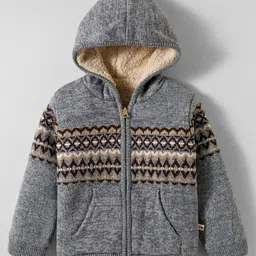 Yellow Apple Knit Full Sleeves Hooded Sweater With Zig Zag Design & Kangaroo Pocket - Grey-picture-22