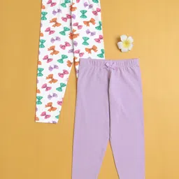 BUMZEE Cotton Knit Pack Of 2 Solid & Bows Printed Leggings - Lavender & White-picture-30
