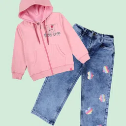 Kiddopanti Fleece Knit Full Sleeves Anime Girl Printed Light Winter Hooded Sweatshirt With Straight Fit Jeans Set - Peach Pink & Light Blue-image-36