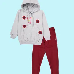 Kiddopanti Fleece Knit Full Sleeves Floral Patch Detailed Typography Printed Light Winter Hooded Sweatshirt With Track Pants Set - Grey Melange & Maroon-picture-19