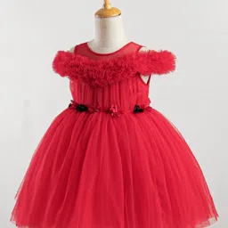 Bluebell Net Sleeveless Party Wear Fit & Flare Frock with Floral Applique - Red image 2