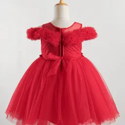 Bluebell Net Sleeveless Party Wear Fit & Flare Frock with Floral Applique - Red image 3