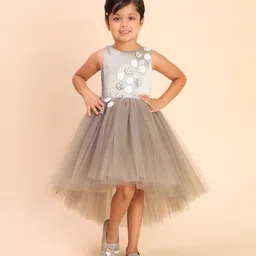Toy Balloon Kids Net Woven Sleeveless Floral Applique Detailed Pearls Embellished High Low Dress - Grey image 4